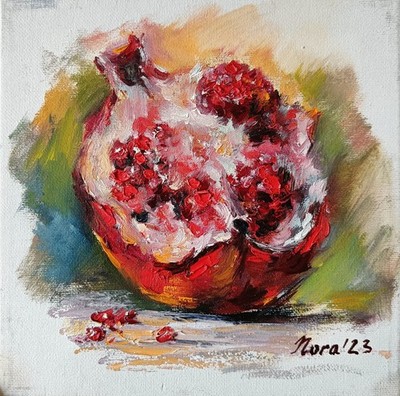 Red Pomegranate Still Life Original Oil Painting Collectible Handpainted 8 x 8''