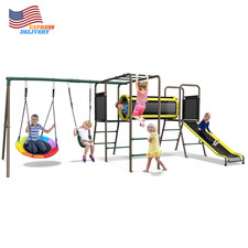 5-In-1 Heavy Duty Metal Swing Set with Slide Monkey Bars Saucer Swing  Tunnel
