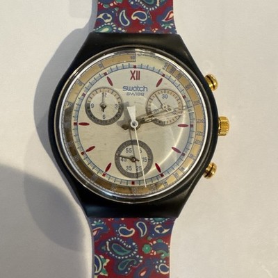 Swatch Chrono 'Award' SCB108 watch 37mm, Gold Magenta Blue Paisley 1990s perfect
