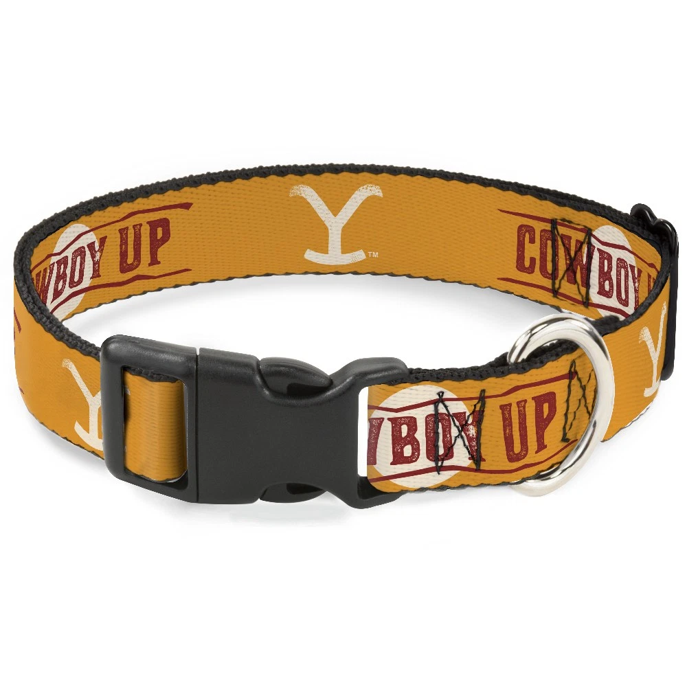 Plastic Clip Collar Yellowstone Y Logo COWBOY UP Text Yellow/Red/White WIDE-Larg