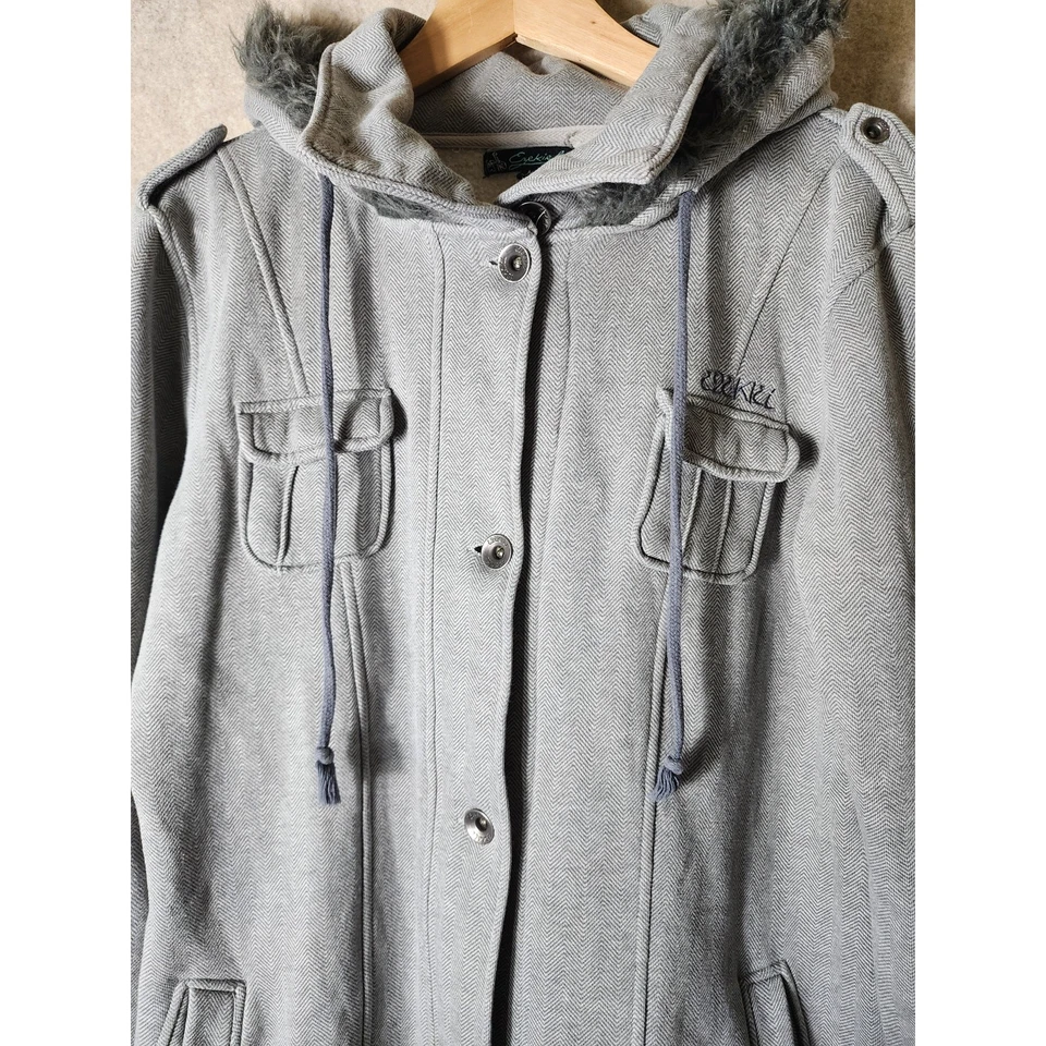 EZEKIEL Gray Military Style Skater Casual Faux Fur Lined Hoodie Jacket SZ L - Image 3 of 4