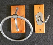 Rustic Farmhouse Bathroom Towel Ring  Double Hook Set 2 Pc Wood Wall Mount