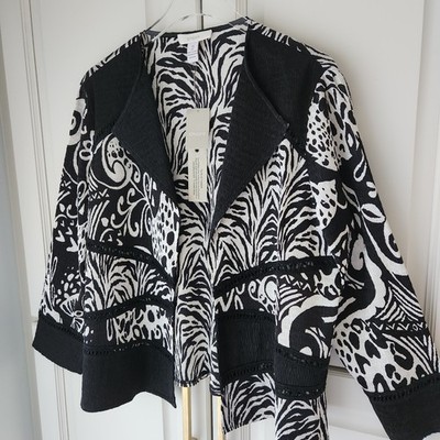 Chicos Open Front Jacket 2 L 12 14 Black Ecru 3/4 Sleeve Crinkle Draped Collar