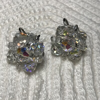 VTG MINT Signed Laguna Clear AB Crystal Clip Earrings Silver Tone Estate Jewelry
