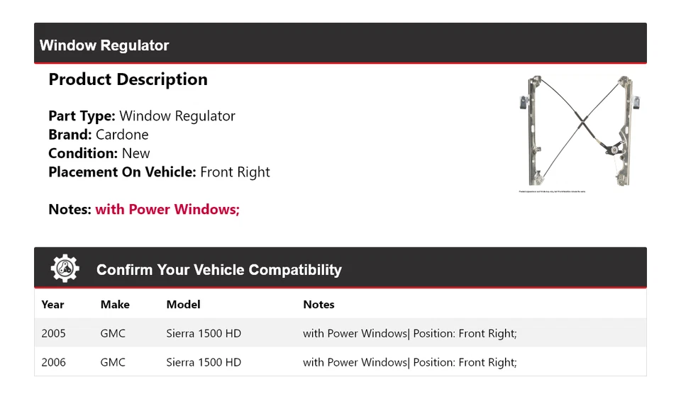 Regulador de ventana delantero derecho Cardone para GMC Sierra 1500 HD 2005-2006 Foto 2 de 4
