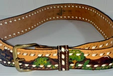 Sheyenne Leather Belt Tooled Embroidered Painted Western  Belt and Buckle 38"