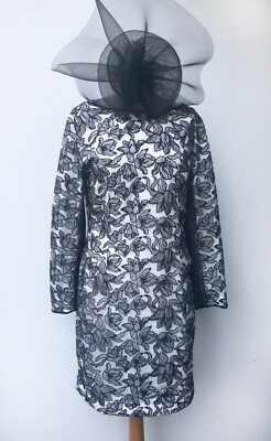 REISS Celia Floral Embroidered Shift Dress - Black/Off White - Size 14