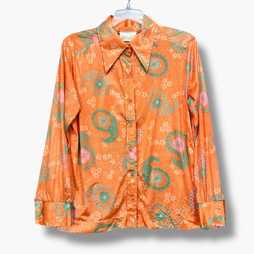 Vintage Jantzen 60s 70s Paisley Floral Print Disco Blouse Womens L Orange FLAWED - Picture 23 of 23