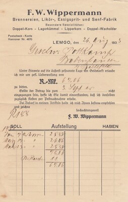 LEMGO, Rechnung 1933, F. W. Wippermann Brennerei Likör-Essigsprit-Senf-Fabrik