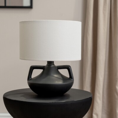 Zoe matt schwarz Keramik Vase Tischlampe Leinen Trommel Lampenschirm Schlafzimmer Leuchte LED