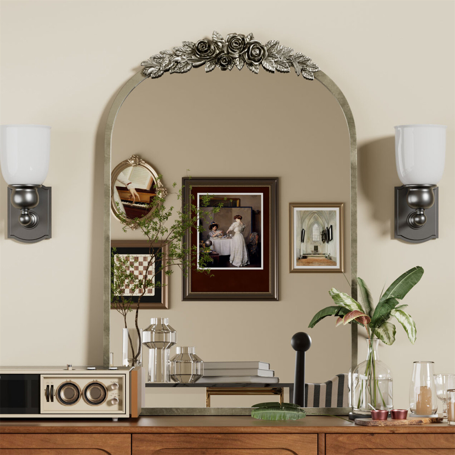 LUVODI Sophisticated Arched Wall Mirror Brass Baroque Accent Mirrors Living Room
