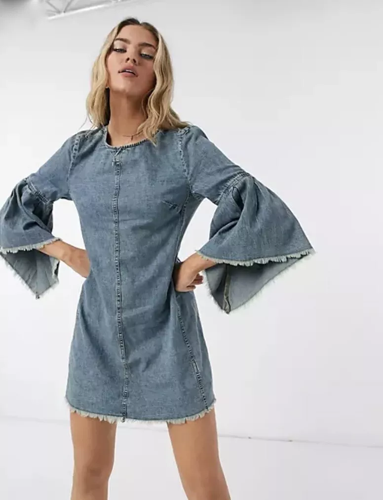 Free People Dress Denim Reckless Life Bell Sleeve Open Tie Back Wash Blue 0  NEW | eBay