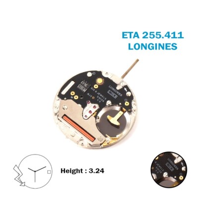 ETA 255.411 LONGINES SWISS  Uhrwerk, weiße Datumsscheibe bei 3.