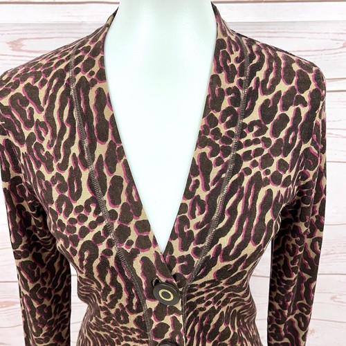 Tory Burch Merino Wool Animal Print Leopard Magenta Sweater Cardigan - Picture 3 of 9