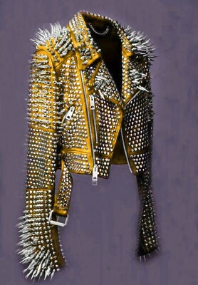 New Men's Brando Rock Punk Gold Studded Spiked Biker Cowhide Leather Jacket