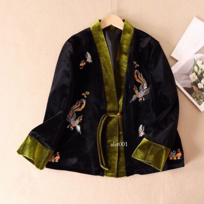 Womens Velvet Embroidered Jacket V-neck Cardigan Chinese Coat