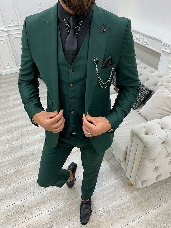Green Men Slim Fit Suit Peak Lapel Party Prom Dinner Groom Tuxedos 