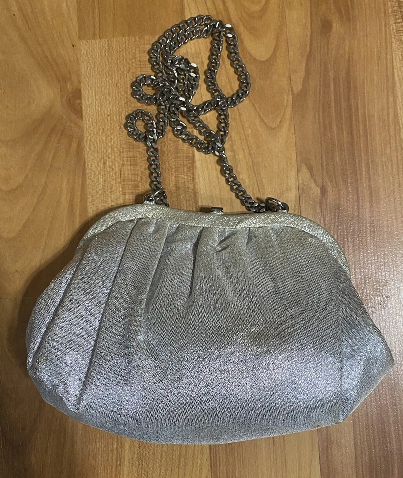 Vintage 50s Evening Bag Clutch Purse Silver Lamé Lined W Satin Shiny Glam Pinup - Image 2 of 4