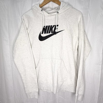 Nike Hoodie Medium Off White Heather Spell Out Swoosh Logo Hooded Sweatshirt Vtg