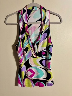 Emilio Pucci Vintage 100% Silk Jersey Bold Multicolor Tank Top sz US 10