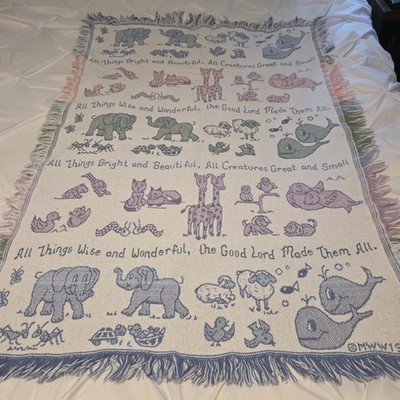 Vintage MWW 1993 Animal Motif Woven Throw All Things Bright & Beautiful 48 x32''