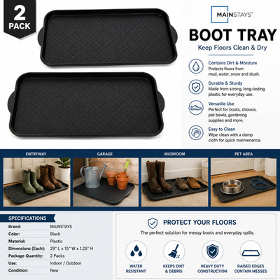 2 Pack Mainstays Boot Tray Black 15 x 29 in Heavy Duty Shoe Mud Floor Mat