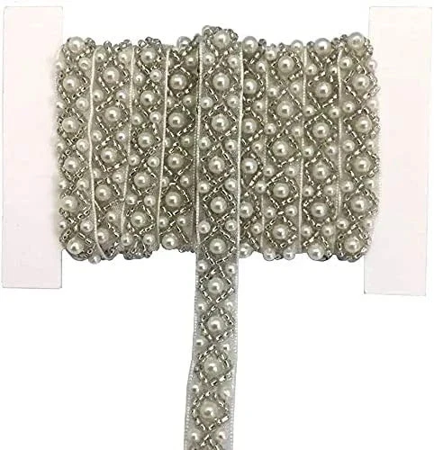 Cinta de encaje nupcial FQTANJU 2 yardas 1 cm con cuentas de perlas 1# blanca Foto 3 de 3