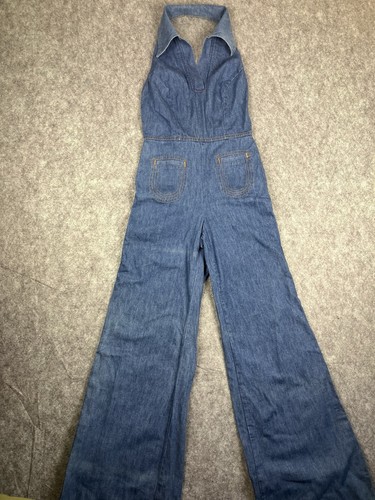 70er Jahre Landlubber Neckholder Denim High Waisted Open Back Jeans Overall Vintage - Bild 2 von 20