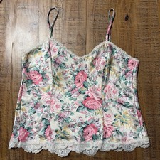 Vintage Rose Floral Satin Tank with a Sweetheart Neckline and Lace Hem. Size M