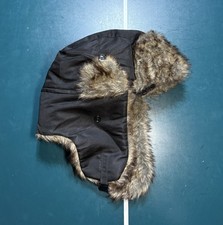 Vintage Black Faux Fur Trapper Hat One Size Quilt Lined Hunting Cap Fur Winter