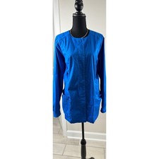 Blue Scrub Jacket Snap Front Long Sleeve Pockets Work Uniform