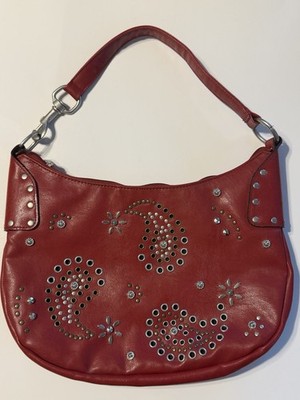 Red Faux Leather Studded Gromet Hobo Shoulder Bag Boho Western Rhinestone Purse