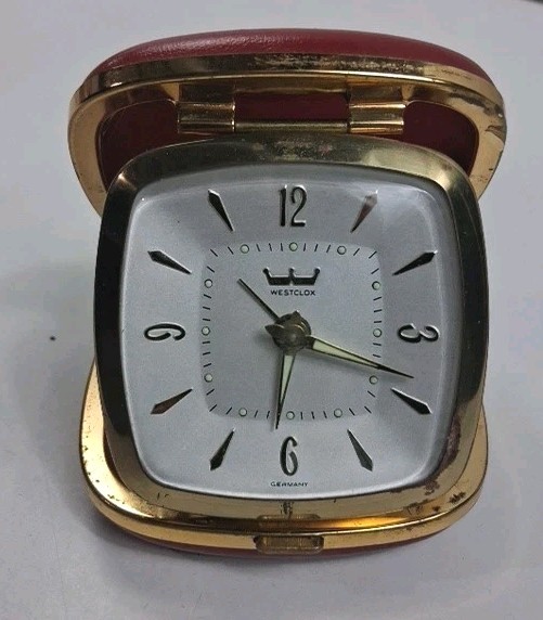 Vintage Westclox German Wind Up Travel Alarm Clock Red Genuine Leather Case Gold