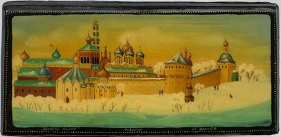 Original alte russische Lackdose  Jurjew-Kloster , ca. 1960, Fedoskino, signiert
