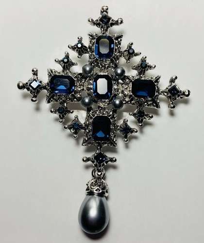 Vintage Style Maltese Cross Brooch Pendant Blue Rhinestone Faux Pearl 3”