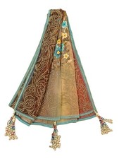 Vintage Brown Net Dupatta   Indian Blue Border Embroidered Wedding Scarf LD7271