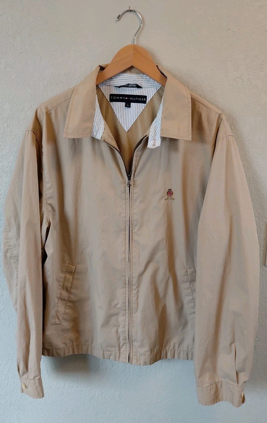 Vintage Y2K Tommy Hilfiger Full-Zip Tan Jacket Embroidered Logo Mens Size Large