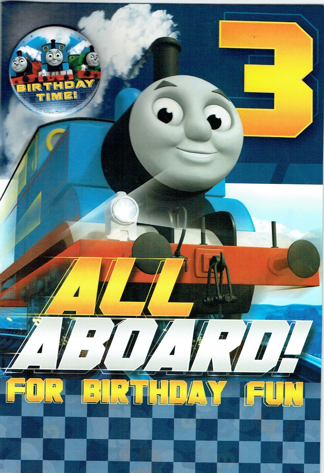 3rd BIRTHDAY CARD AGE 3 THOMAS Train Card  With BADGE and coloring activity