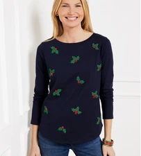 Talbots Embroidered Crewneck Tee Sequined Holly Berries Christmas Festive Top L
