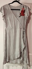 MINE Med Faux Wrap Ruffle Dress Embroidered Floral Accent Navy White Stripe NWT