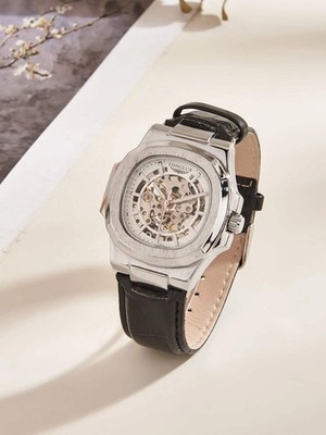 Automatic Skeleton Watch Men | Leather Luxury Waterproof