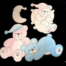 Vintage MCM Sleeping Teddy Beasr and Moon Chipboard Wall Hangings 3 Piece Set