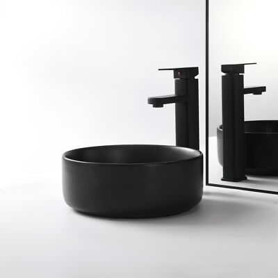 12'' Round Counter Top Vessel Matte Black Bathroom Sinks Basin+ Pop Up Drain