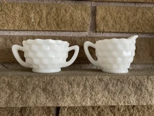 Vintage Hazel Atlas Cubed/Cubist Milk Glass - Cream and Sugar Set. EUC
