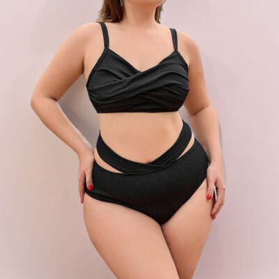 Plus Size Bikini Set Women Solid Color Hollow Out Design Beach Swimsuit Swimwear