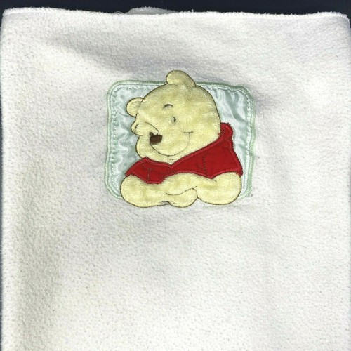 Disney Winnie the Pooh Cream Baby Blanket    Green Satin Patch Fleece Lovey - Picture 1 of 4