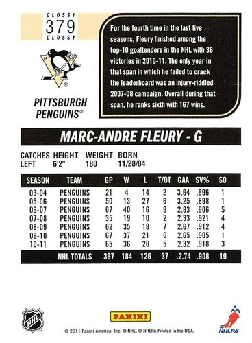 2011-12 Score Glossy #379 Marc-Andre Fleury - Picture 2 of 2