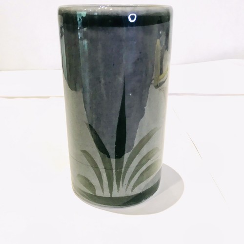 Tazza ceramica messicana stile Tonala Ken Edwards firmata Messico foglie fiori grigio - Foto 2 di 5