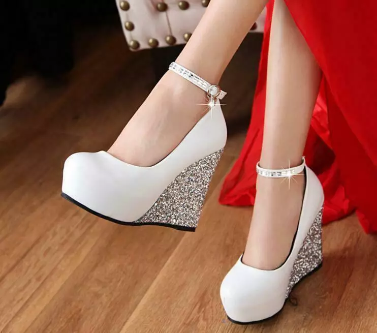 Women High Wedge Heel Bridal Wedding Shoes Platform Ankle Strap