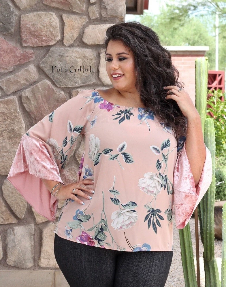 PLUS SIZE Womens ON OFF SHOULDER BLUSH PINK FLORAL VELVET BLOUSE SHIRT 1X  2X 3X